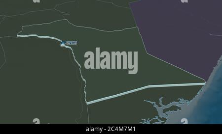 Zoom in on Garissa (county of Kenya) extruded. Oblique perspective. Colored and bumped map of the administrative division with surface waters. 3D rend Stock Photo