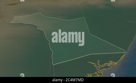 Zoom in on Garissa (county of Kenya) outlined. Oblique perspective. Topographic relief map with surface waters. 3D rendering Stock Photo