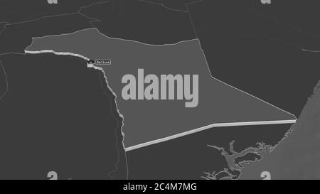 Zoom in on Garissa (county of Kenya) extruded. Oblique perspective. Bilevel elevation map with surface waters. 3D rendering Stock Photo
