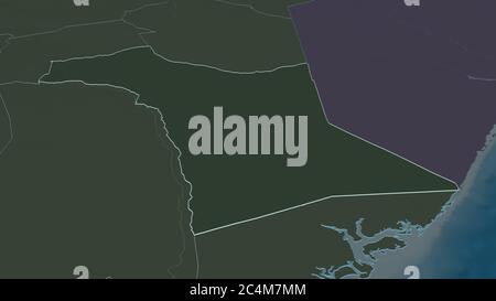 Zoom in on Garissa (county of Kenya) outlined. Oblique perspective. Colored and bumped map of the administrative division with surface waters. 3D rend Stock Photo