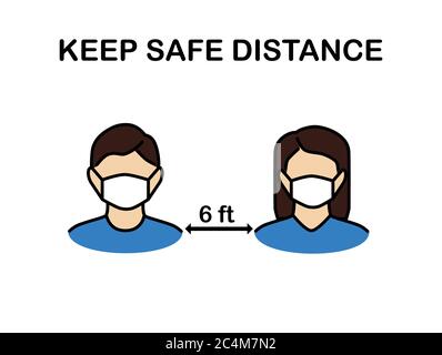 Man and woman wearing face mask in the meeting with virus pathogens.New normal vector.Social distancing icon.Keep Safe Distance 6 ft in public society Stock Vector