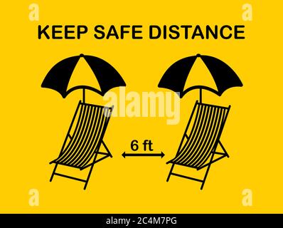 Social distancing icon.Keep Safe Distance 6 Feet sunbed and umbrella on beach after lockdown due to coronavirus covid 19. New normal concept.Symbol su Stock Vector