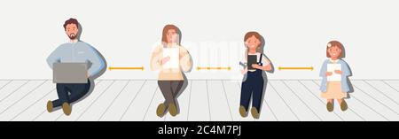 New normal family. Father working from home on laptop. Mother Shopping online. Girl student online learning class. Kid playing game. Cartoon flat styl Stock Vector