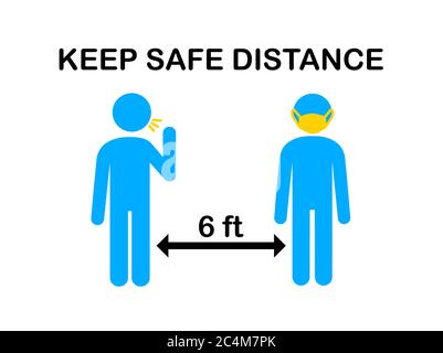 Social distancing icon.Keep Safe Distance 6 ft or 2 m in public society people protect from coronavirus concept.Man and woman wearing disposable medic Stock Vector