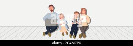 Happy Family concept. Father working from home on laptop.Mother Shopping online.Girl student online learning class. Kid playing game.Cartoon flat styl Stock Vector