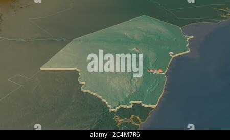 Zoom in on Kilifi (county of Kenya) extruded. Oblique perspective. Topographic relief map with surface waters. 3D rendering Stock Photo