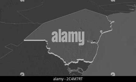 Zoom in on Kilifi (county of Kenya) extruded. Oblique perspective. Bilevel elevation map with surface waters. 3D rendering Stock Photo