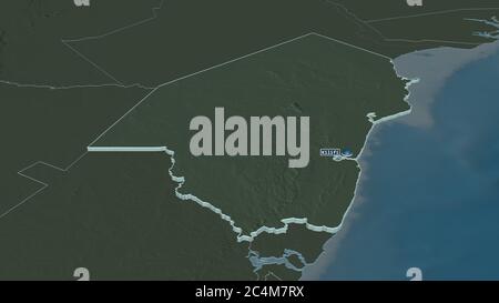 Zoom in on Kilifi (county of Kenya) extruded. Oblique perspective. Colored and bumped map of the administrative division with surface waters. 3D rende Stock Photo