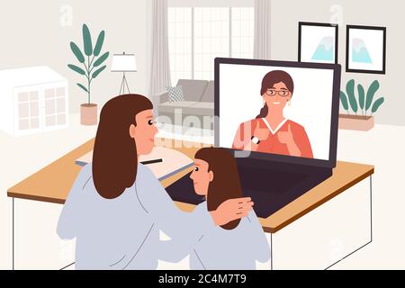 Mother teaching course online  daughter. Student studying online classes at home stay safe from COVID-19 Virus.Vector Concept mom teaching kid girl on Stock Vector
