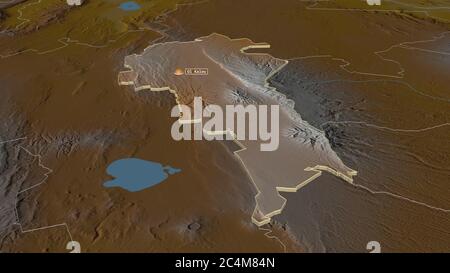 Zoom in on Nyandarua (county of Kenya) extruded. Oblique perspective. Topographic relief map with surface waters. 3D rendering Stock Photo