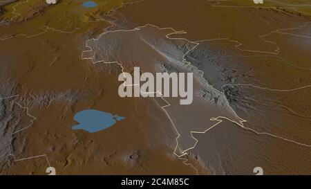 Zoom in on Nyandarua (county of Kenya) outlined. Oblique perspective. Topographic relief map with surface waters. 3D rendering Stock Photo