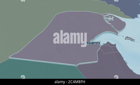 Zoom in on Al Jahrah (province of Kuwait) extruded. Oblique perspective. Colored and bumped map of the administrative division with surface waters. 3D Stock Photo