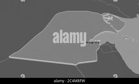 Zoom in on Al Jahrah (province of Kuwait) extruded. Oblique perspective. Bilevel elevation map with surface waters. 3D rendering Stock Photo