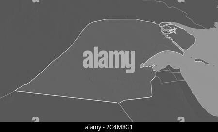 Zoom in on Al Jahrah (province of Kuwait) outlined. Oblique perspective. Bilevel elevation map with surface waters. 3D rendering Stock Photo