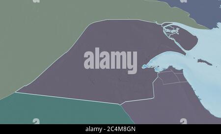 Zoom in on Al Jahrah (province of Kuwait) outlined. Oblique perspective. Colored and bumped map of the administrative division with surface waters. 3D Stock Photo