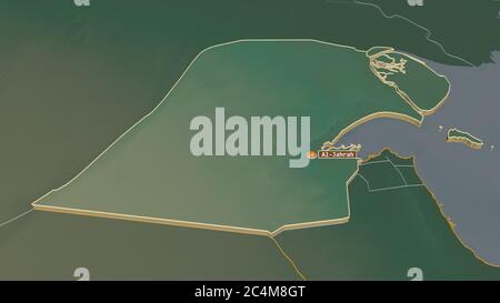 Zoom in on Al Jahrah (province of Kuwait) extruded. Oblique perspective. Topographic relief map with surface waters. 3D rendering Stock Photo