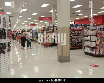 MIDDLETOWN, NY, UNITED STATES - May 29, 2020: Customers Stand in Long Lines at Target to Social Distance Wearing Masks during COVID-19 Pandemic Stock Photo