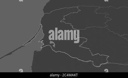 Zoom in on Klaipedos (county of Lithuania) outlined. Oblique perspective. Bilevel elevation map with surface waters. 3D rendering Stock Photo