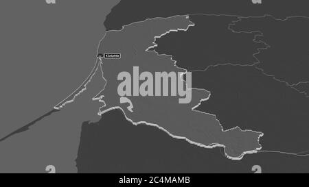 Zoom in on Klaipedos (county of Lithuania) extruded. Oblique perspective. Bilevel elevation map with surface waters. 3D rendering Stock Photo