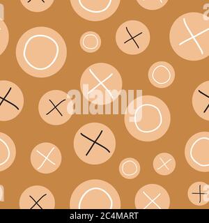 circle your symbol black and white x and o highlighted in tan circles on brown background vector seamless repeat pattern surface design Stock Vector