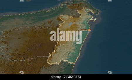 Zoom in on Toamasina (autonomous province of Madagascar) extruded. Oblique perspective. Topographic relief map with surface waters. 3D rendering Stock Photo