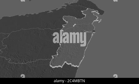 Zoom in on Toamasina (autonomous province of Madagascar) extruded. Oblique perspective. Bilevel elevation map with surface waters. 3D rendering Stock Photo