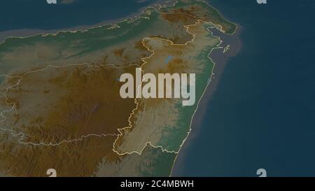 Zoom in on Toamasina (autonomous province of Madagascar) outlined. Oblique perspective. Topographic relief map with surface waters. 3D rendering Stock Photo