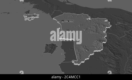 Zoom in on Kedah (state of Malaysia) extruded. Oblique perspective. Bilevel elevation map with surface waters. 3D rendering Stock Photo