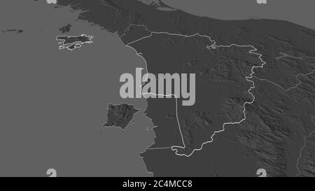 Zoom in on Kedah (state of Malaysia) outlined. Oblique perspective. Bilevel elevation map with surface waters. 3D rendering Stock Photo