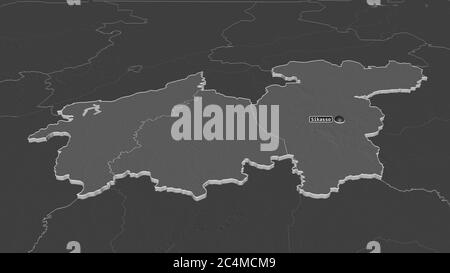 Zoom in on Sikasso (region of Mali) extruded. Oblique perspective. Bilevel elevation map with surface waters. 3D rendering Stock Photo