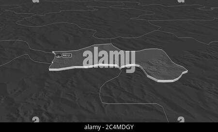 Zoom in on Bălţi (city of Moldova) extruded. Oblique perspective. Bilevel elevation map with surface waters. 3D rendering Stock Photo