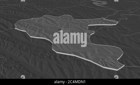 Zoom in on Chişinău (city of Moldova) extruded. Oblique perspective. Bilevel elevation map with surface waters. 3D rendering Stock Photo