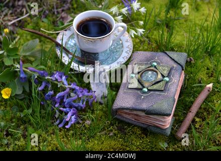 Hand crafted diary book with flowers, crystal and tea cup in the garden. Esoteric, gothic and occult background with magic objects, mystic and fairy t Stock Photo