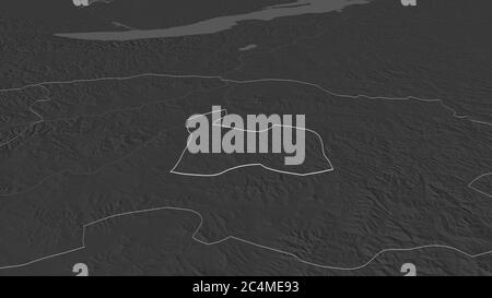 Zoom in on Darhan-Uul (municipality of Mongolia) outlined. Oblique perspective. Bilevel elevation map with surface waters. 3D rendering Stock Photo