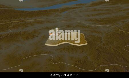 Zoom in on Darhan-Uul (municipality of Mongolia) extruded. Oblique perspective. Topographic relief map with surface waters. 3D rendering Stock Photo