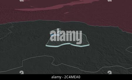 Zoom in on Darhan-Uul (municipality of Mongolia) extruded. Oblique perspective. Colored and bumped map of the administrative division with surface wat Stock Photo