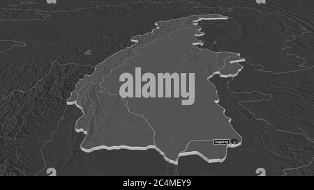 Zoom in on Sagaing (division of Myanmar) extruded. Oblique perspective. Bilevel elevation map with surface waters. 3D rendering Stock Photo