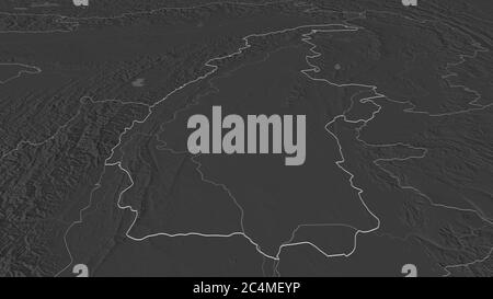 Zoom in on Sagaing (division of Myanmar) outlined. Oblique perspective. Bilevel elevation map with surface waters. 3D rendering Stock Photo