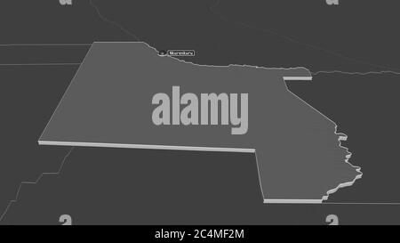 Zoom in on Kavango West (region of Namibia) extruded. Oblique perspective. Bilevel elevation map with surface waters. 3D rendering Stock Photo