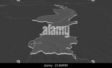 Zoom in on Limburg (province of Netherlands) extruded. Oblique perspective. Bilevel elevation map with surface waters. 3D rendering Stock Photo