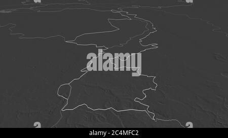 Zoom in on Limburg (province of Netherlands) outlined. Oblique perspective. Bilevel elevation map with surface waters. 3D rendering Stock Photo