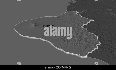 Zoom in on Taranaki (regional council of New Zealand) extruded. Oblique perspective. Bilevel elevation map with surface waters. 3D rendering Stock Photo