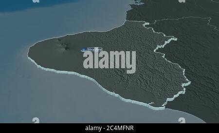 Zoom in on Taranaki (regional council of New Zealand) extruded. Oblique perspective. Colored and bumped map of the administrative division with surfac Stock Photo