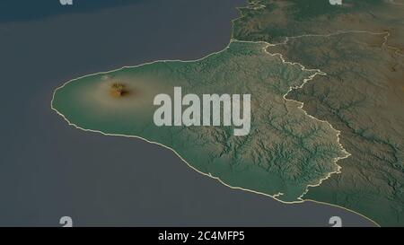 Zoom in on Taranaki (regional council of New Zealand) outlined. Oblique perspective. Topographic relief map with surface waters. 3D rendering Stock Photo