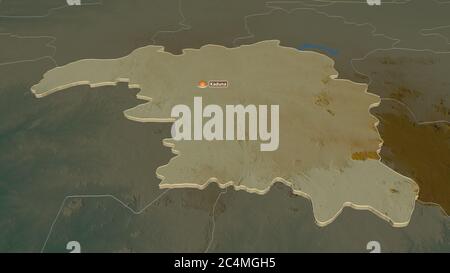 Zoom in on Kaduna (state of Nigeria) extruded. Oblique perspective. Topographic relief map with surface waters. 3D rendering Stock Photo