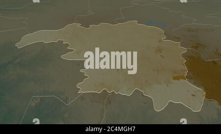 Zoom in on Kaduna (state of Nigeria) outlined. Oblique perspective. Topographic relief map with surface waters. 3D rendering Stock Photo