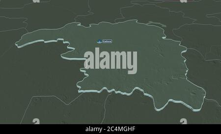 Zoom in on Kaduna (state of Nigeria) extruded. Oblique perspective. Colored and bumped map of the administrative division with surface waters. 3D rend Stock Photo