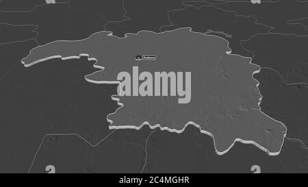 Zoom in on Kaduna (state of Nigeria) extruded. Oblique perspective. Bilevel elevation map with surface waters. 3D rendering Stock Photo