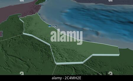 Zoom in on Al Batinah North (region of Oman) extruded. Oblique perspective. Colored and bumped map of the administrative division with surface waters. Stock Photo