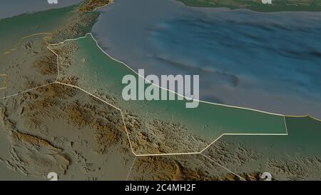 Zoom in on Al Batinah North (region of Oman) outlined. Oblique perspective. Topographic relief map with surface waters. 3D rendering Stock Photo